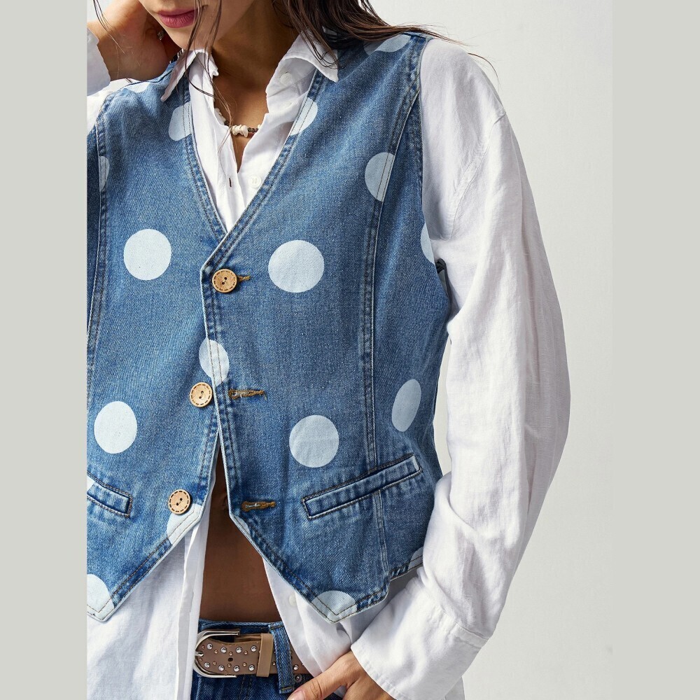 Blue Polka Dot Denim Cropped Button Front Waistcoat Vest
